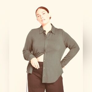 Universal Standard Elbe Liquid Jersey Shirt Button Down Shirt S 14 Olive Green